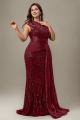 Curveins Plus Size One Shoulder Sleeveless Embroidered Sequin Patchwork Bodycon Maxi Dress