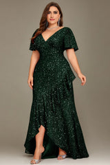 Curveins Plus Size V-Neck Short Sleeve Sequin Ruffle Slit Evening Gown