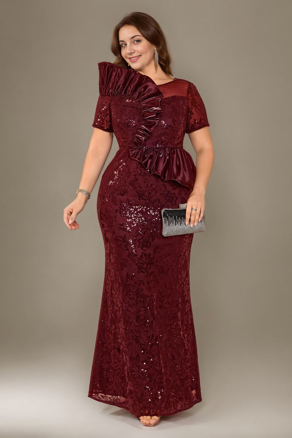 Curveins Plus Size Short Sleeve Bodycon Sequin Floral Pattern Maxi Dress