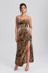 Curveins Plus Size Leopard Print Velvet Cami Slit Elegant Maxi Dress