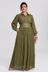 Curveins Plus Size Long Sleeve Polo Neck Button Pleated Waist Maxi Dress