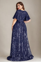 Curveins Plus Size Sparkly Floral V Neck Batwing Sleeve Gathered Waist Flowy Maxi Dress