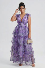 Curveins Plus Size V-Neck Sleeveless Floral Tiered Maxi Dress with Decorative Shoulder Detail