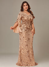 Curveins Plus Size V-Neck Long Sleeves Sequin Floral Bodycon Maxi Dress
