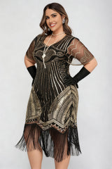 Curveins 1920s Gold Ruby Plus Size Striped Sequin Fringe Flapper Midi Dress