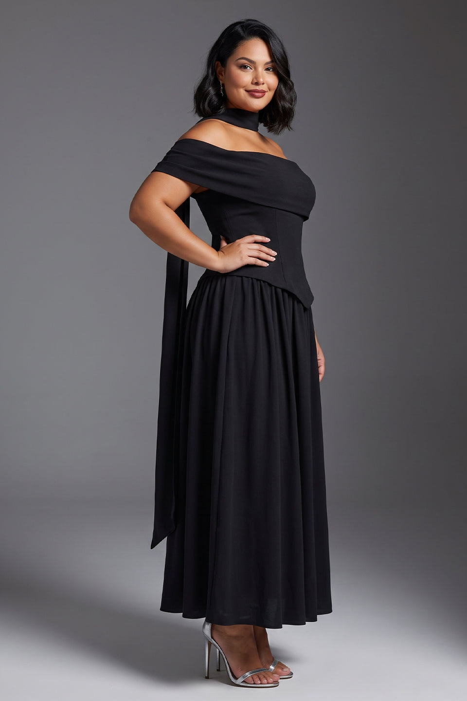 Curveins Plus Size Scarf Neck Off Shoulder Cinched Waist Elegant Maxi Dress