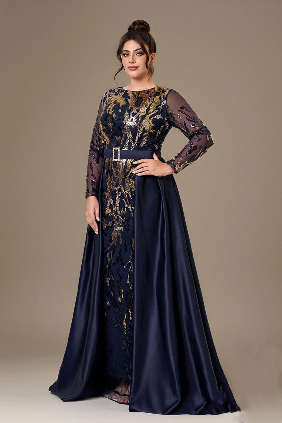 Curveins Elegant Plus Size Sequin Embellished Long Sleeve Cape Overlay Formal Dress