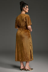 Curveins Plus Size Striped V-Neck Belted Waist Velvet Maxi Dress