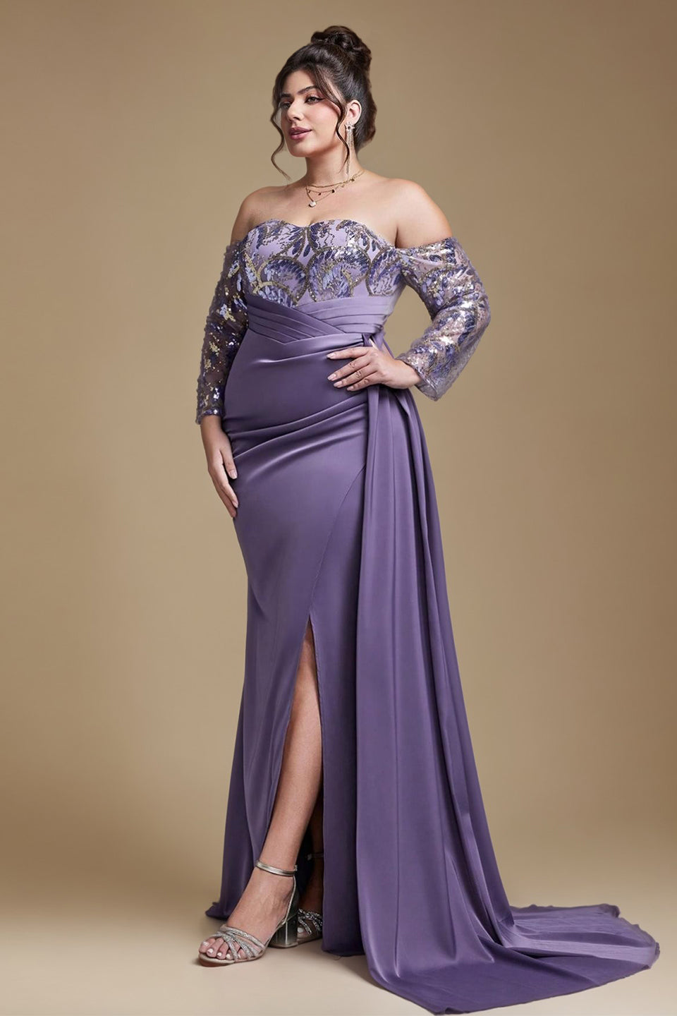 Curveins Plus Size Strapless Off-Shoulder Floral Patchwork Slit Maxi Dress