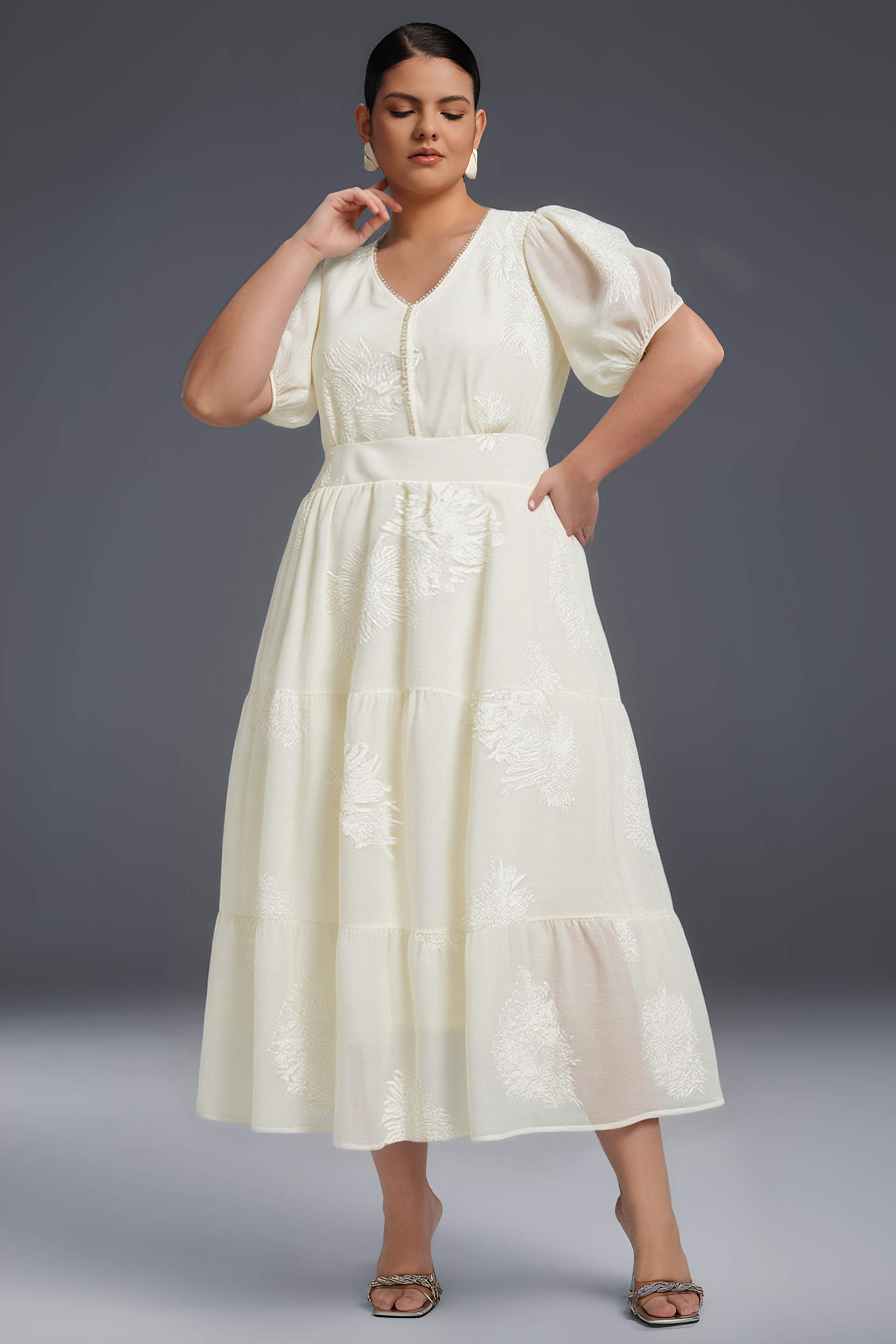 Curveins Plus Size Cross-Collar Embroidered Puff Sleeve Maxi Dress