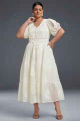 Curveins Plus Size Cross-Collar Embroidered Puff Sleeve Maxi Dress