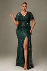 Curveins Plus Size V-Neck Batwing Sleeve Sequin Detail Maxi Dress with Side Train