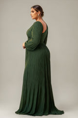 Curveins Plus Size Cross Neck Lantern Sleeve Waist Slim Maxi Dress