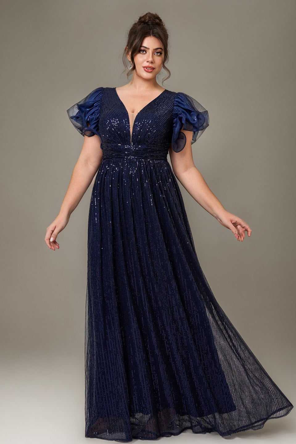 Curveins Plus Size Designer Lace Detail Sequin Short Sleeve Long Dress