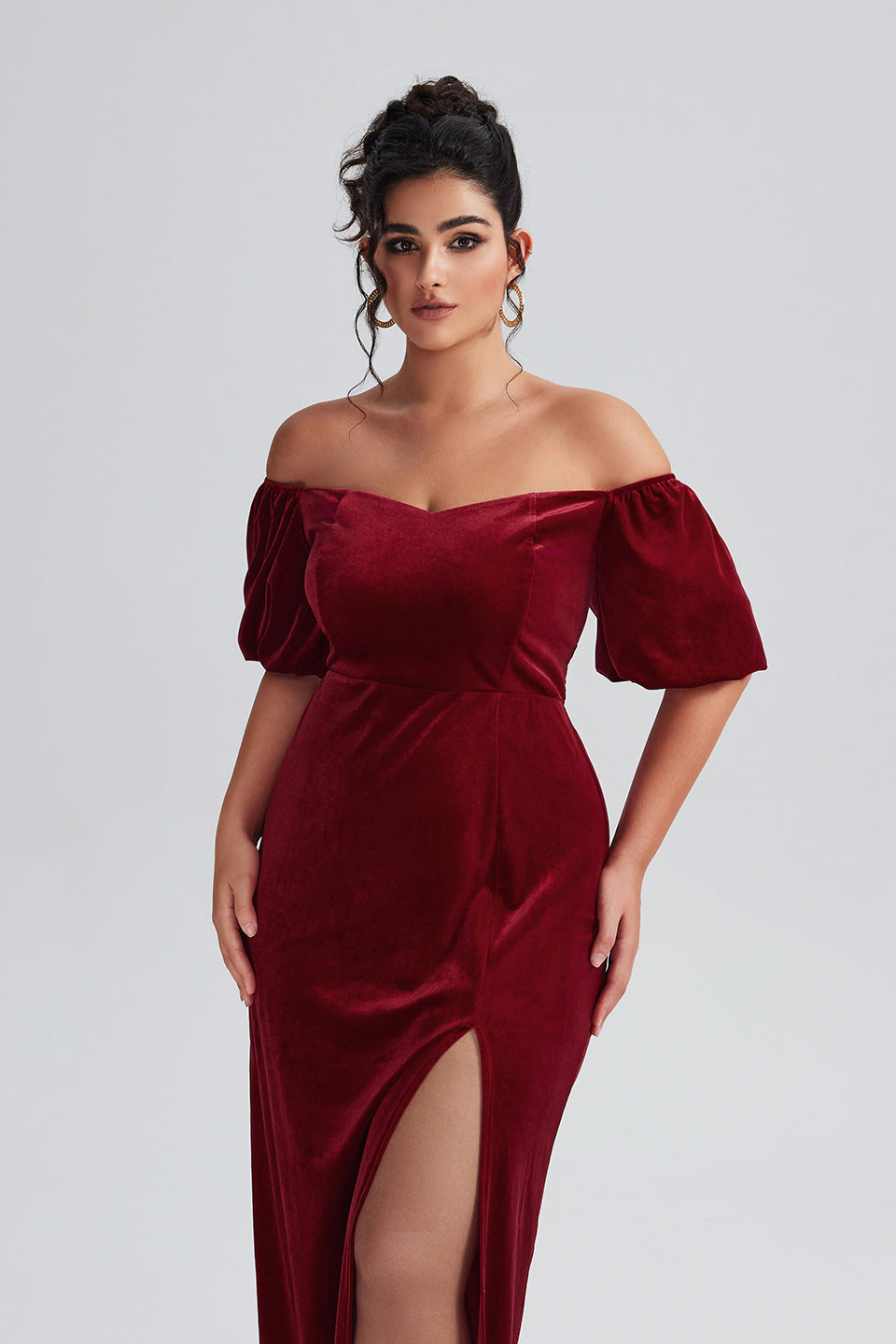 Curveins Plus Size Velvet V-Neck Elegant Maxi Dress