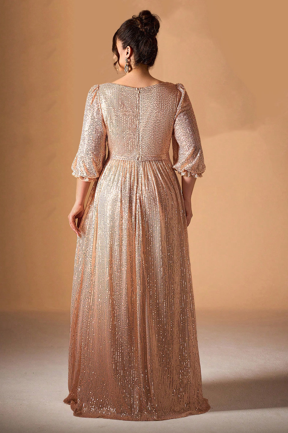 Curveins Plus Size V-Neck Puff Sleeve Sequin Maxi Dress with Cinched Waist