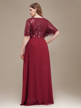 Plus Size V-Neck Batwing Sleeve Sequin Panel High Waist Elegant Maxi Dress