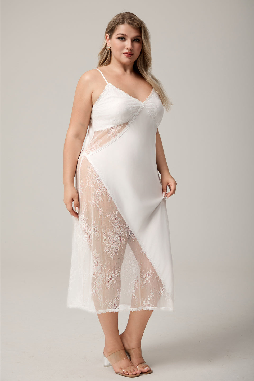 Curveins Plus Size Asymmetrical Lace Panel Sleepwear Dress, Chic Flirty Nightwear Outfit