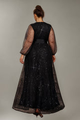 Curveins Plus Size V-Neck Lantern Sleeve Split Waist Sequin Maxi Dress