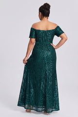 Curveins Plus Size Off Shoulder Striped Sequin Cinched Waist Evening Maxi Dress