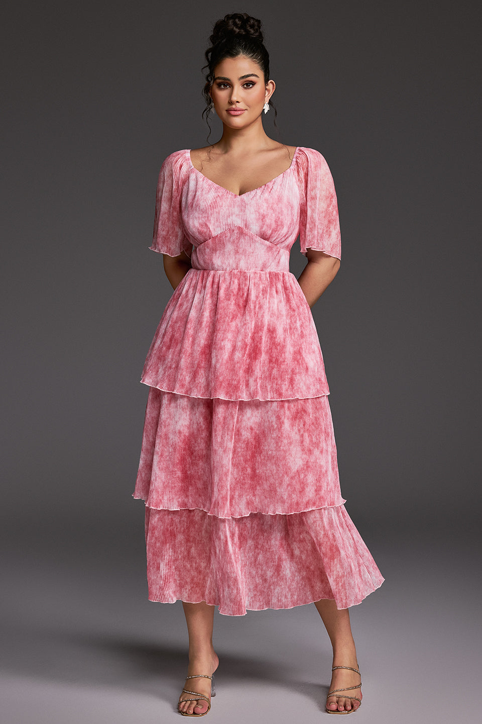Curveins Plus Size V-Neck Ruffle Hem Tiered Maxi Dress