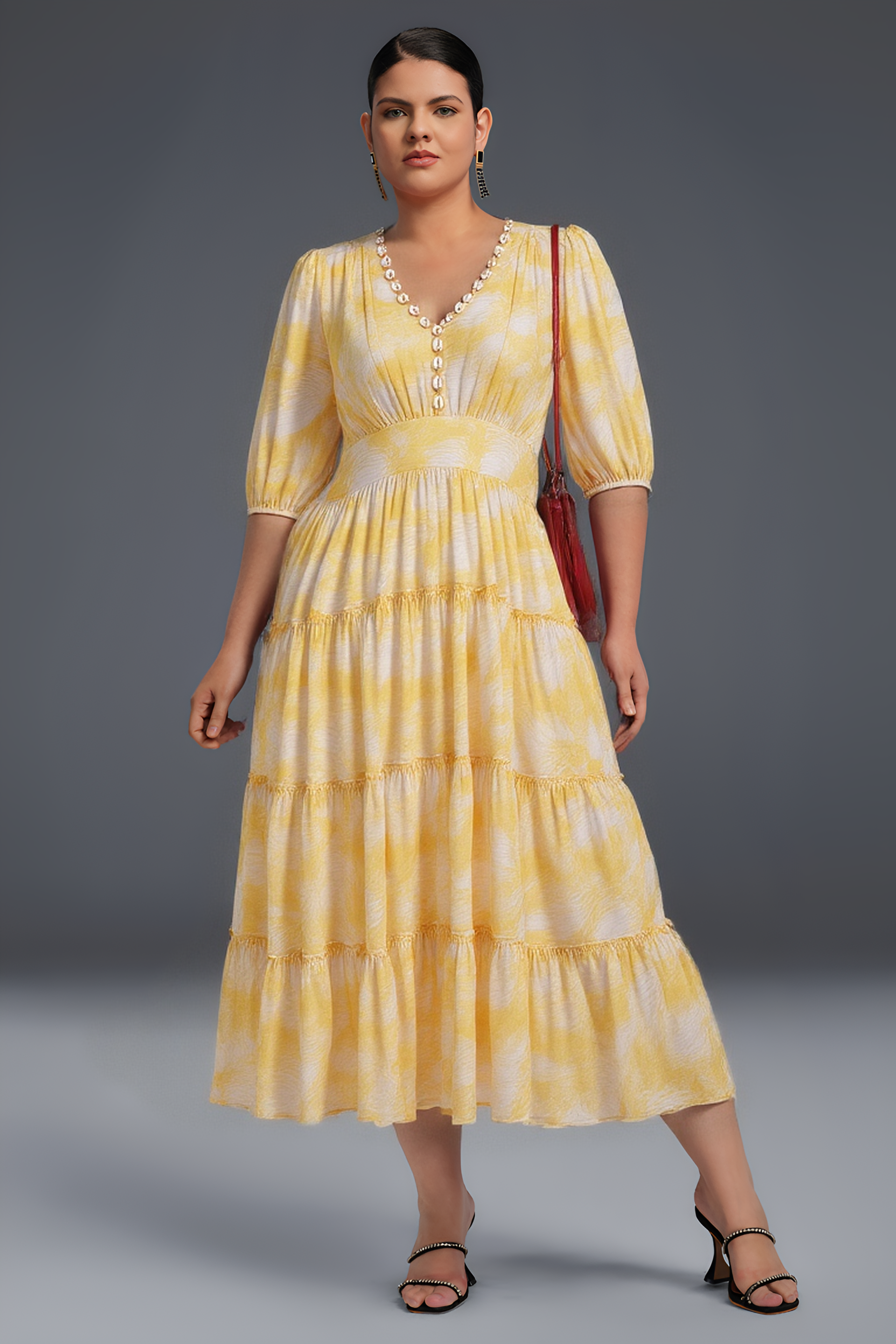 Curveins Plus Size V-Neck Puff Sleeve Ruffled Hem Maxi Dress