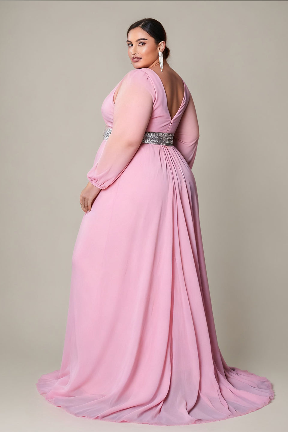 Curveins Plus Size V-Neck Long Sleeve Waist Slim Split Maxi Dress