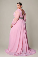 Curveins Plus Size V-Neck Long Sleeve Waist Slim Split Maxi Dress