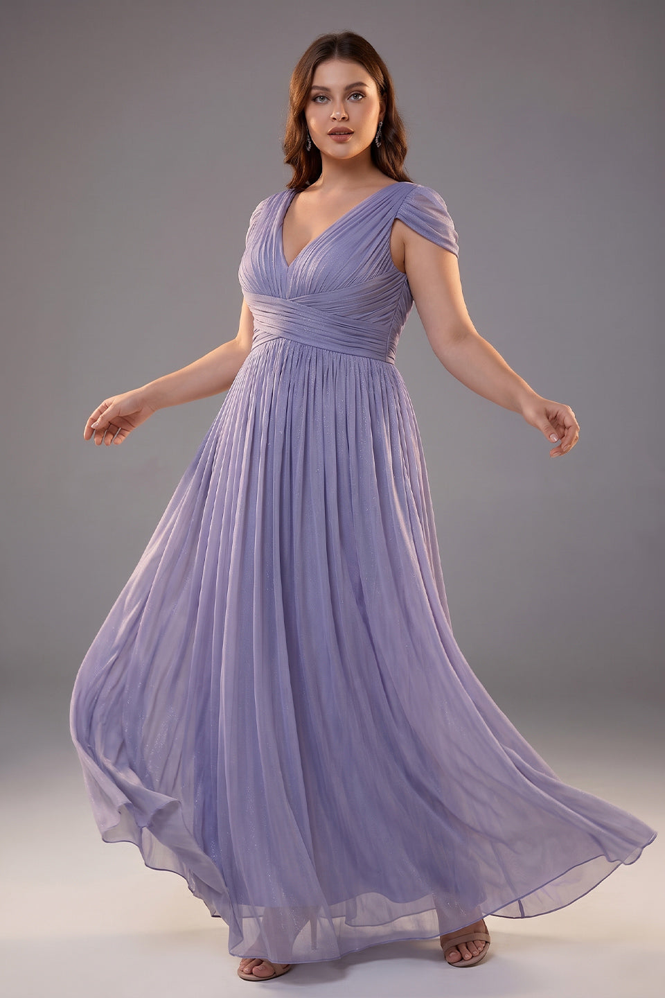 Curveins Plus Size V Neck Short Sleeve Cinched Waist Elegant Maxi Dress