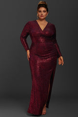 Curveins Plus Size Long Sleeve Solid Color Metallic Sequin Maxi Dress