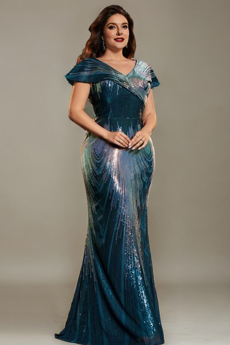 Curveins Plus Size Elegant V-Neck Cap Sleeve Sequin Bodycon Maxi Dress