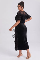 Curveins Plus Size Crew Neck Short Sleeve Sequin Fringe Velvet Maxi Dress
