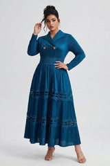 Curveins Plus Size Wrap Neck Long Sleeve Color Block Cinched Waist Maxi Dress