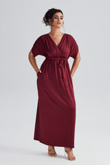 Curveins Plus Size Elastic Waist Shirred V-Neck Wrap Maxi Dress