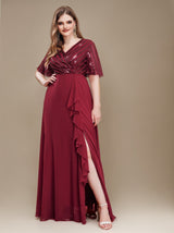 Plus Size V-Neck Batwing Sleeve Sequin Panel High Waist Elegant Maxi Dress