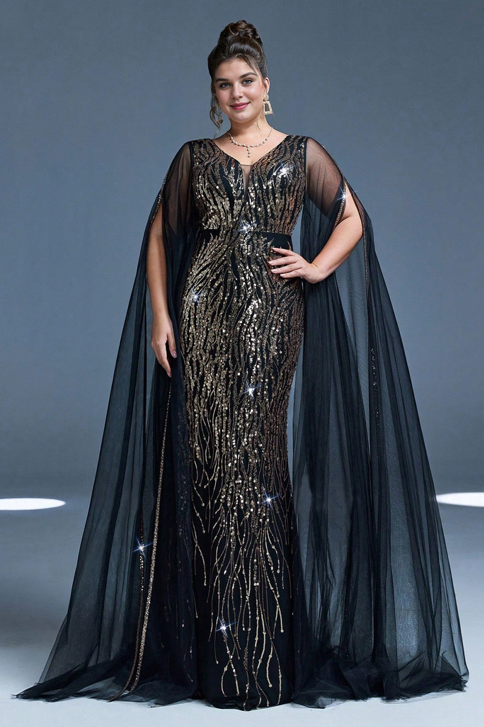 Curveins Plus Size V-Neck Sequin Maxi Dress with Cape Sleeves