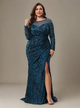 Curveins Plus Size Crew Neck Long Sleeve Floral Sequin Bodycon Slit Maxi Dress