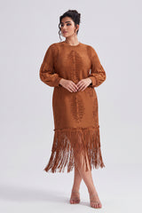 Curveins Plus Size Crew Neck Long Sleeve Stretch Fringe Hem Midi Dress