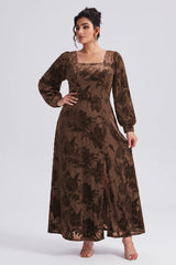 Curveins Plus Size Elegant Square Neck Long Sleeve Floral Print Velvet Split Maxi Dress