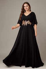 Curveins Plus Size Batwing Sleeve V Neck Gathered Waist Elegant Maxi Dress