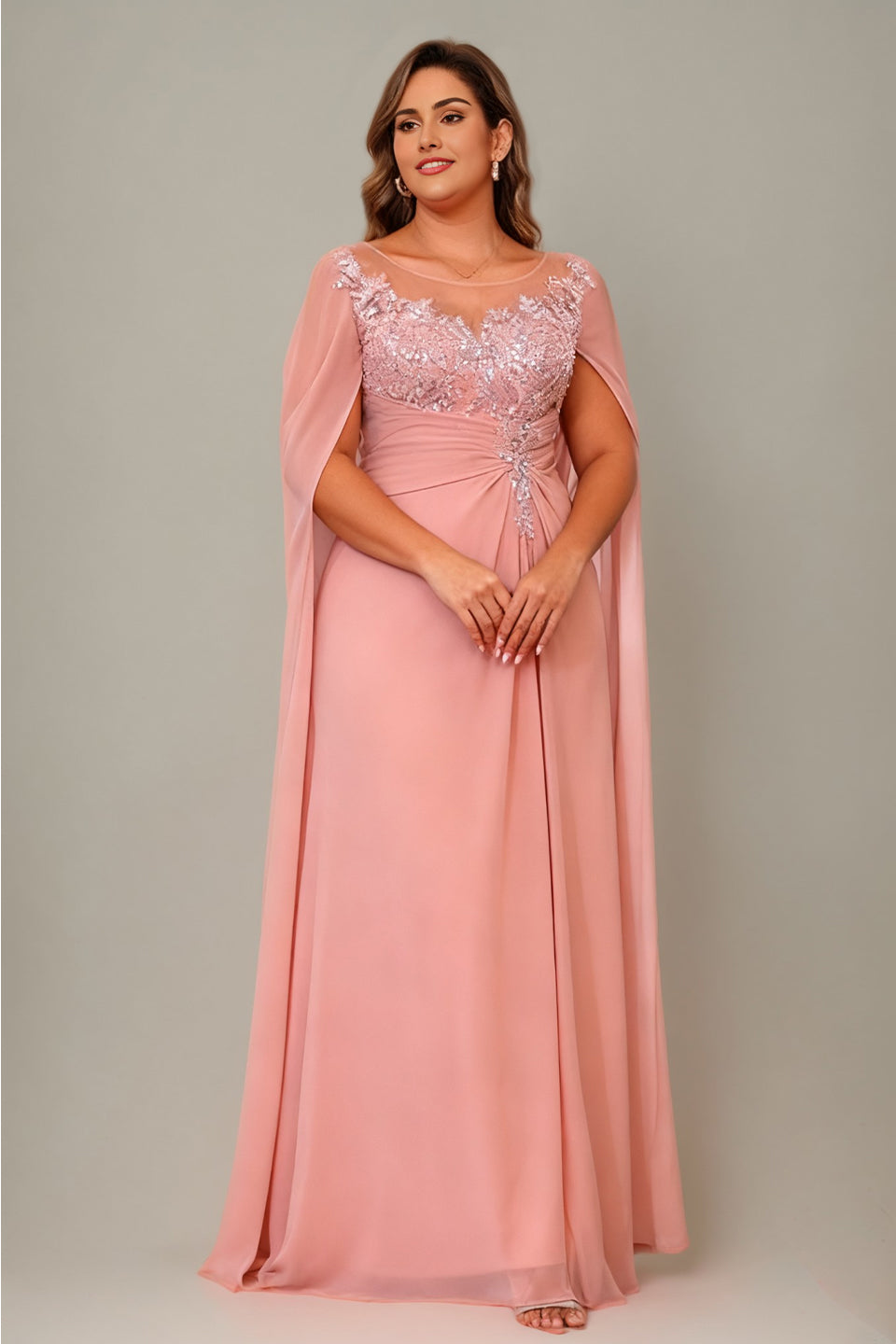 Curveins Elegant Plus Size Sheer Neck Floral Appliqué Cape Maxi Dress