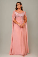 Curveins Elegant Plus Size Sheer Neck Floral Appliqué Cape Maxi Dress