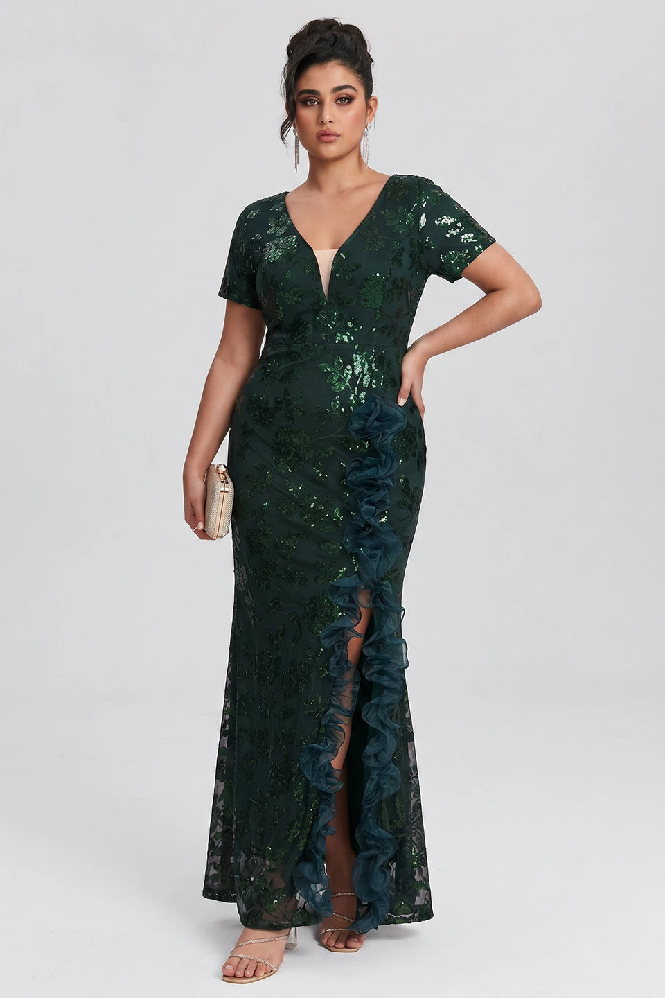 Curveins Plus Size V Neck Short Sleeve Sequin High Slit 3D Flower Bodycon Maxi Dress