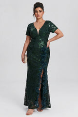 Curveins Plus Size V Neck Short Sleeve Sequin High Slit 3D Flower Bodycon Maxi Dress