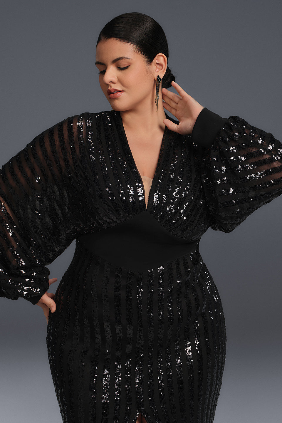 Curveins Plus Size V-Neck Striped Sequin Long Sleeve Slit Maxi Dress