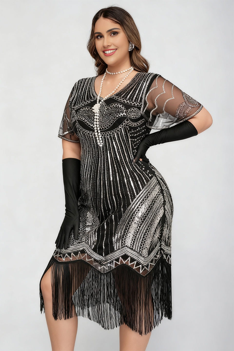 Curveins 1920s Gold Ruby Plus Size Striped Sequin Fringe Flapper Midi Dress