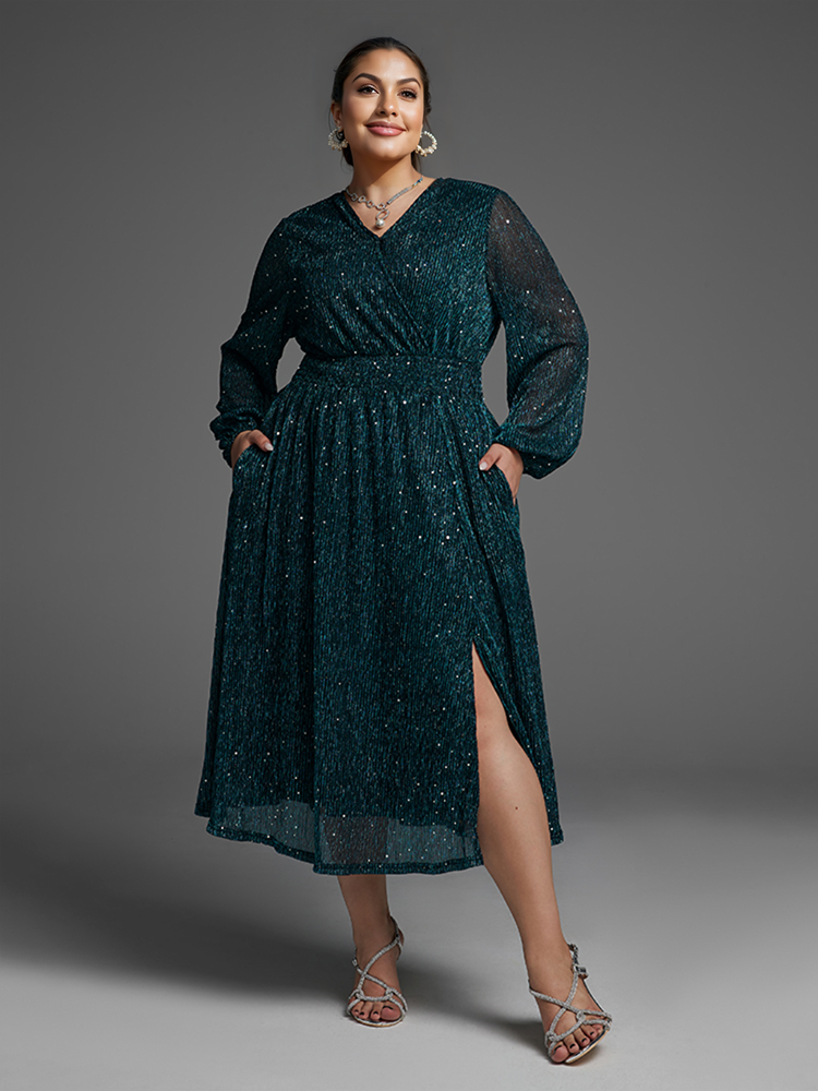 Curveins  Plus Size Pocket Patchwork Mesh Sequin Slit Midi Dress