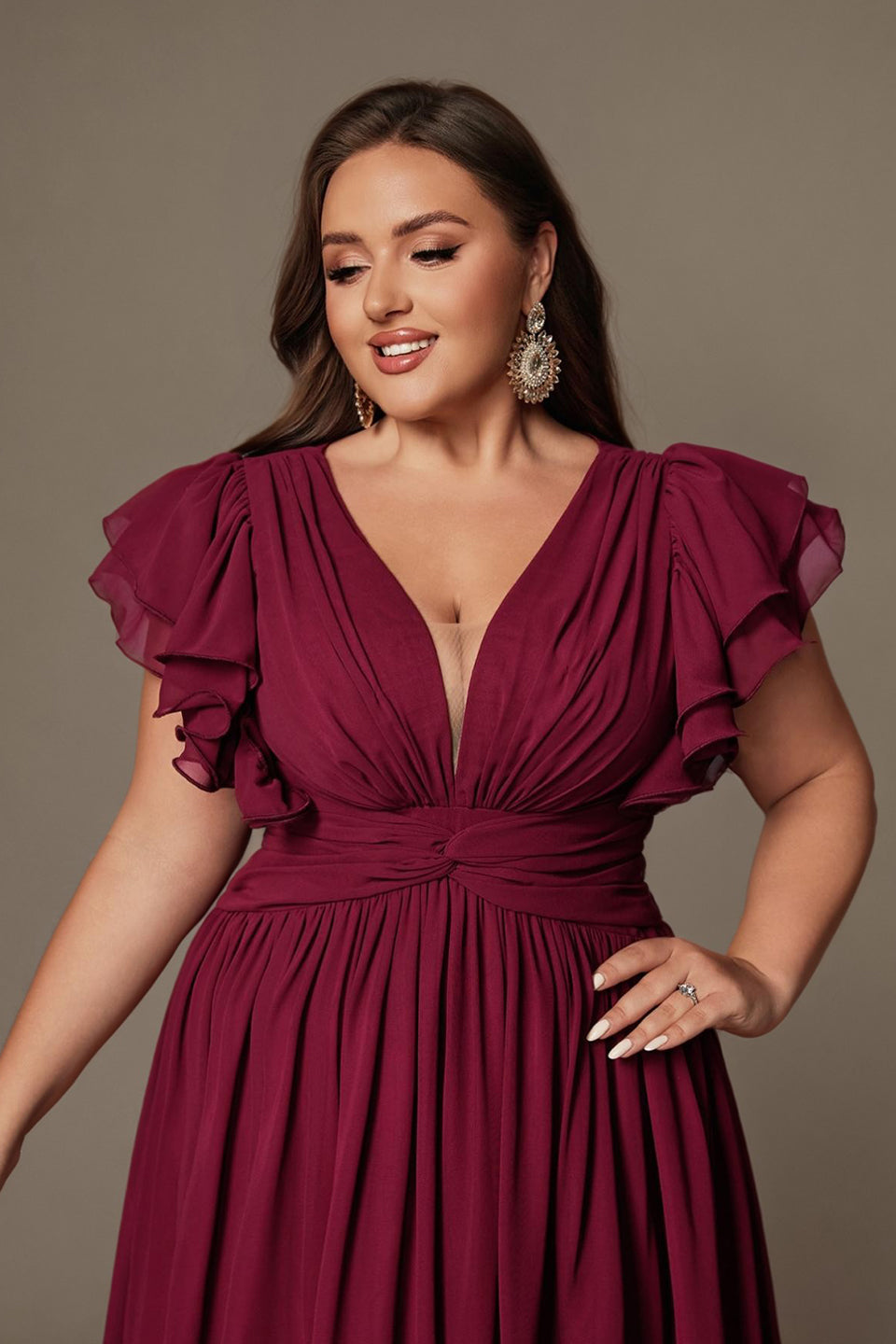 Curveins Plus Size V-Neck Ruffle Sleeve Split A-Line Maxi Dress