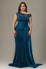 Curveins Plus Size One Shoulder Sleeveless Embroidered Sequin Patchwork Bodycon Maxi Dress