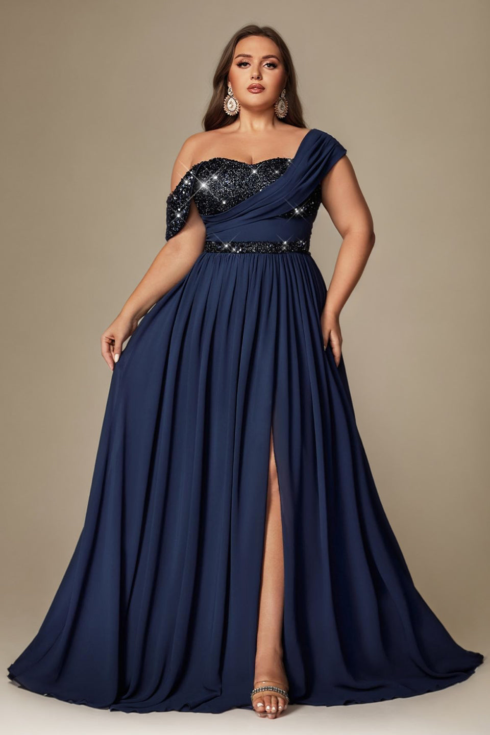 Curveins Plus Size Asymmetric One-Shoulder Sequin Side-Slit Maxi Dress